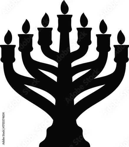 Black silhouette of a menorah with lit candles isolated on transparent background