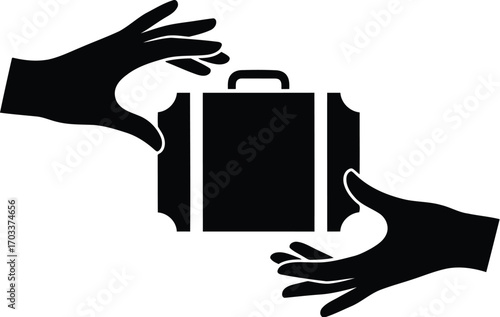 Two hands passing a black suitcase isolated on transparent background