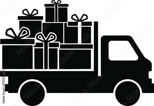 Black silhouette of a delivery truck loaded with gift boxes isolated on transparent background
