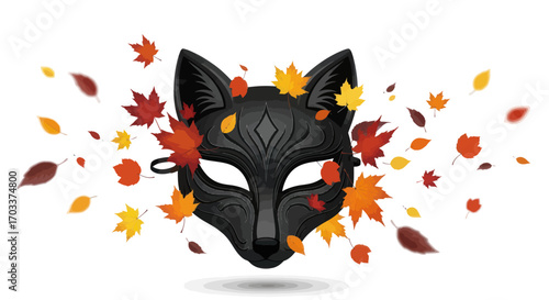 Autumnal Enchantment Fox Mask Amidst Falling Leaves A Whimsical Illustration
