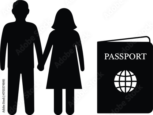 Silhouettes of a couple holding hands next to an open passport with a globe symbol, symbolizing joint travel and international journeys together isolated on transparent background