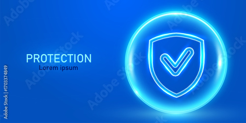3D transparent sphere protection shield with neon glowing elements. Power energy barrier, force field, protection or defend concept.