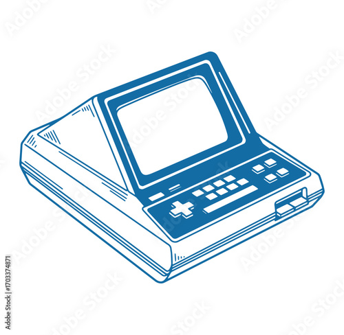 Vintage handheld video game console blueprint illustration isolated against a white background