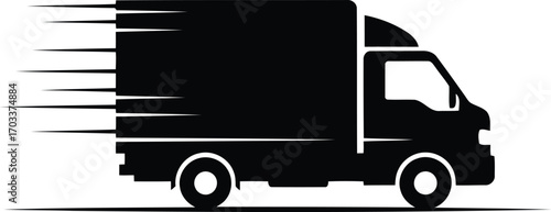 Black and white illustration of a delivery truck in motion, isolated on transparent background