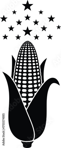 A single ear of corn with leaves and stars above, isolated on transparent background