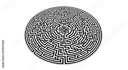 Circular labyrinth illustration representing complexity, challenges and problem-solving graphic