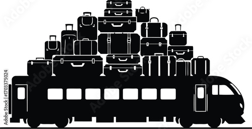 Black silhouette of a bus overloaded with luggage on its roof, isolated on transparent background