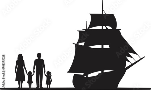 Silhouette of a family with two children standing next to a large sailing ship, isolated on transparent background