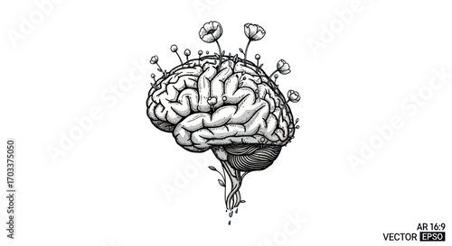 Conceptual artwork of the human brain with blooming flowers, representing growth and potential of
