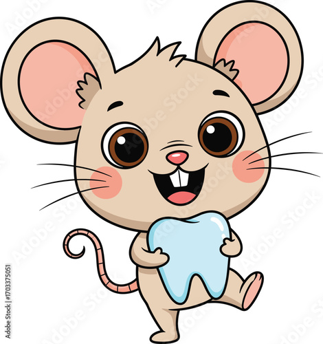 Cute cartoon mouse holding shiny blue tooth, happy dental mascot character, children’s dentistry and tooth fairy concept vector illustration for education and design