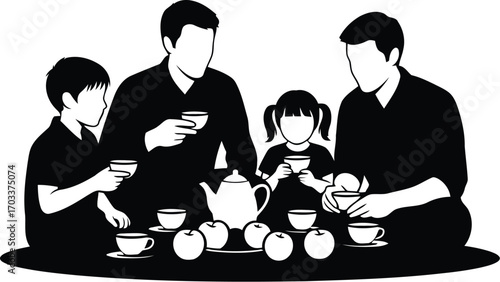 Silhouette of a family enjoying tea together, with a teapot and cups on a table, isolated on transparent background