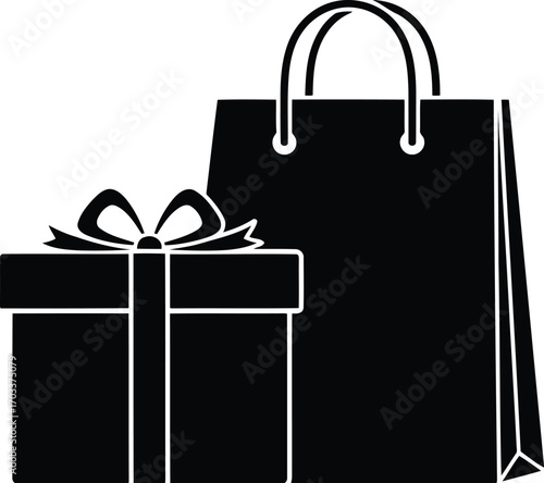 Black silhouette of a shopping bag and a gift box with a bow, isolated on transparent background
