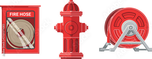 Fire hose cabinet, fire hydrant, and fire hose reel, essential firefighting equipment vector illustration for safety, emergency response, and public protection design