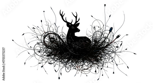 Digital wilderness a conceptual silhouette deer entangled in technology wire landscape