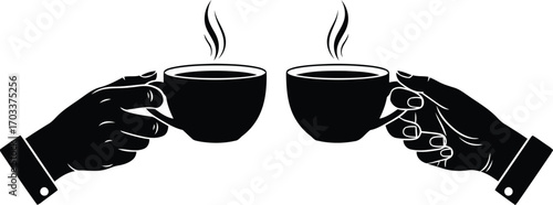 Two hands holding steaming coffee cups in a toast isolated on transparent background