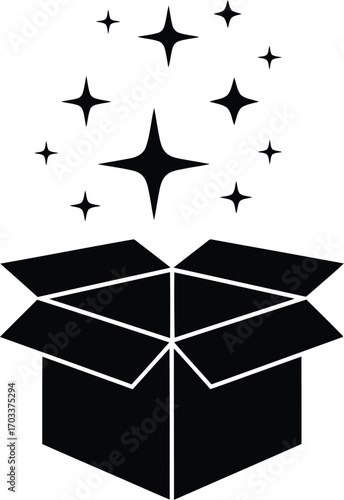 Open cardboard box with sparkling stars emanating from it, isolated on transparent background