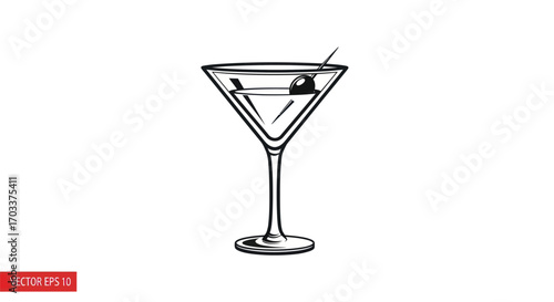 Elegant line drawing of a martini glass with a cherry isolated on a white background