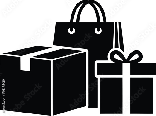 A shopping bag, a gift box with a ribbon, and a cardboard box arranged together, isolated on transparent background