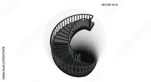 Elegant spiral staircase illustration in monochrome with subtle gradient background