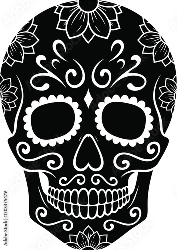 Intricately decorated black sugar skull with floral patterns and swirls, isolated on transparent background