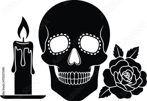 A black skull with decorative patterns, a lit candle, and a rose, isolated on transparent background