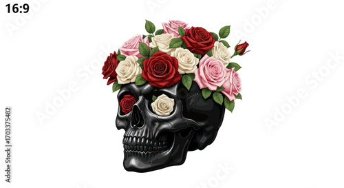 Elegant skull adorned with roses of diverse hues against a stark white canvas conveys beauty