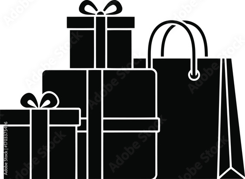 A stack of gift boxes tied with ribbons next to a shopping bag, isolated on transparent background