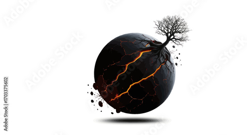 Fractured World Emerges: A symbolic sphere with cracks and a lone tree of life
