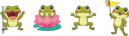 Cute cartoon frog characters in various poses, holding flag, sitting on lotus and lily pad, joyful expressions, playful amphibian vector illustration design