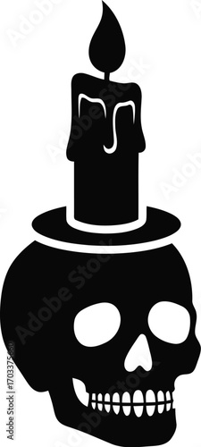 Silhouette of a skull with a lit candle on its head, isolated on transparent background