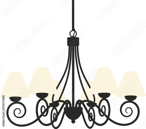 Elegant chandelier illustration, six light fixtures, classic scrollwork design, interior lighting, home decor, vintage style, decorative lamp, ceiling fixture, luxury lighting, vector art