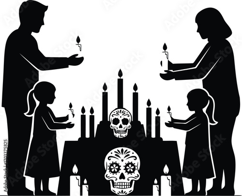 Day of the dead altar with family silhouette, candles, and sugar skulls, isolated on transparent background