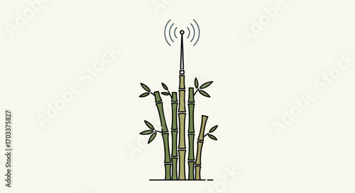 Illustration depicting bamboo stalks supporting a communications antenna with signal waves emanatin