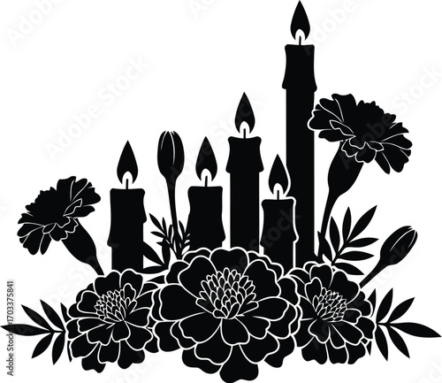 Day of the dead marigolds and candles silhouette, isolated on transparent background