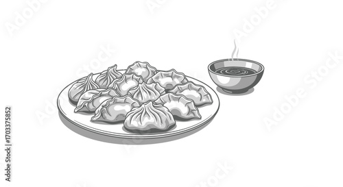 Illustrative monochrome dumplings and steaming soy sauce beckoning culinary exploration