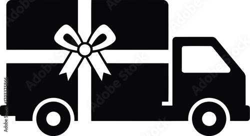 Black silhouette of a delivery truck carrying a large gift box with a ribbon, isolated on transparent background