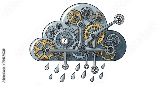 Mechanical weather system illustration depicting a cogwheel raincloud with intricate clockwork