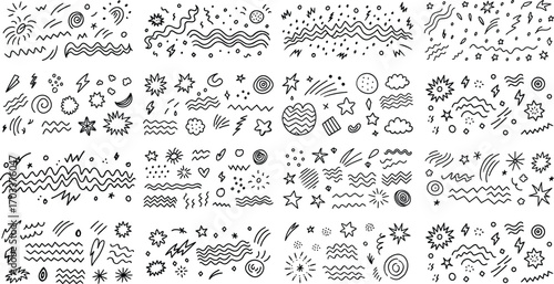 Black and white doodle elements stars waves lightning bolts
