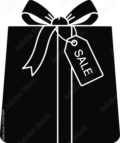 Black silhouette of a gift box with a bow and a sale tag, isolated on transparent background