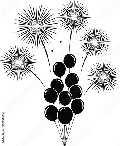 Bunch of balloons with fireworks isolated on transparent background