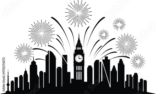 Black silhouette of a city skyline with fireworks and big ben clock tower, isolated on transparent background