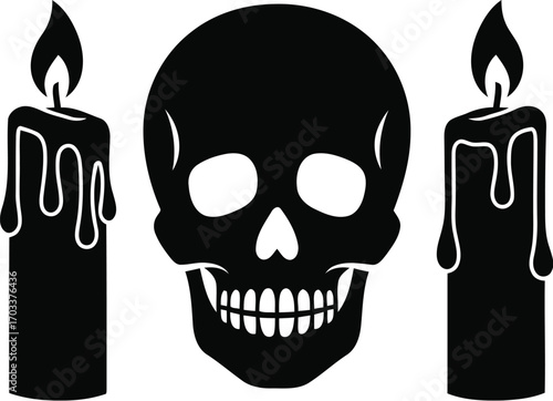 Halloween skull with two burning candles, isolated on transparent background