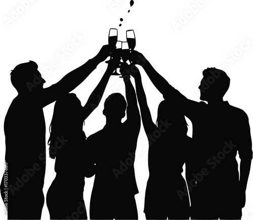 Silhouette of people toasting with champagne glasses celebrating isolated on transparent background