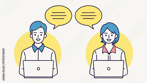 Man woman coworkers communicating with speech bubbles using laptops communication