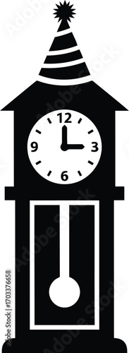 Black silhouette of a grandfather clock with a party hat on top, isolated on transparent background