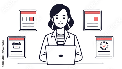 Woman at laptop surrounded by documents with icons computer desk