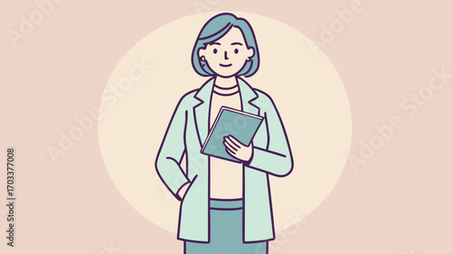 Woman entrepreneur in teal jacket holding book with hand in pocket business female