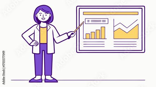 Woman entrepreneur pointing at presentation screen with charts graphs vector