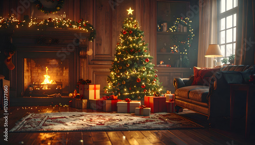 Decorated christmas tree fireplace presents and cozy interior setting.