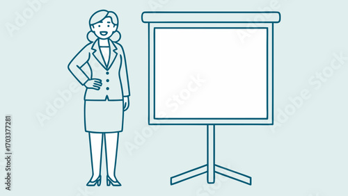 Woman executive in suit standing next to flip chart with blank board business skirt
